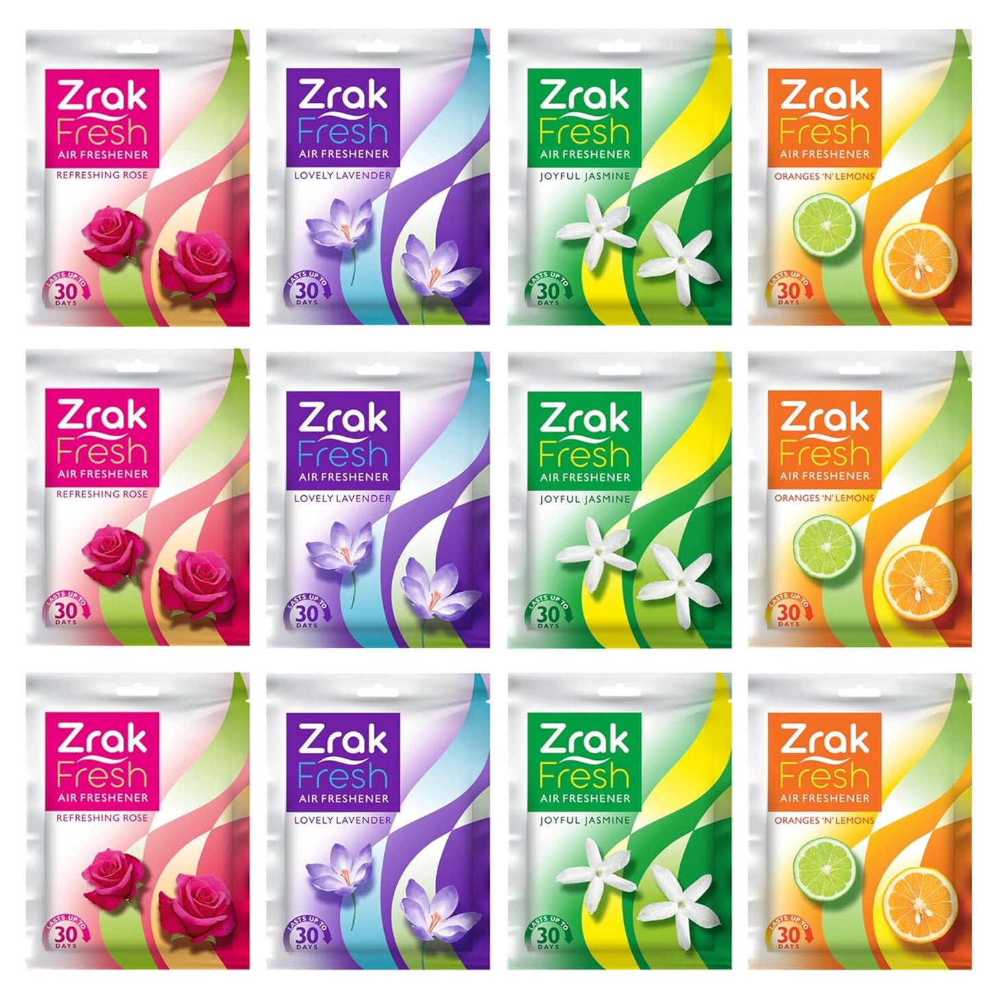 Zrak Pocket Air Freshener Assorted Pack of 12 (120g) |Fragrance Lasts up to 30 days