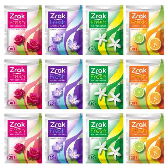 Zrak Pocket Air Freshener Assorted Pack of 12 (120g) |Fragrance Lasts up to 30 days