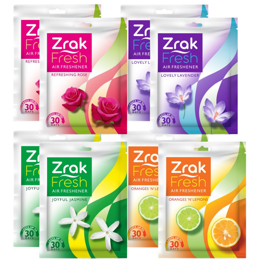 Zrak Pocket Air Freshener Assorted Pack of 8 (80g) |Fragrance Lasts up to 30 days